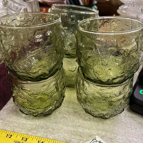Anchor Hocking Avocado Green Lido Roly Poly Glasses Vintage MCM Set of 6