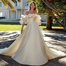 Romantic Pleat Wedding Dresses for Bride Off the Shoulder Satin Aline Vestido De