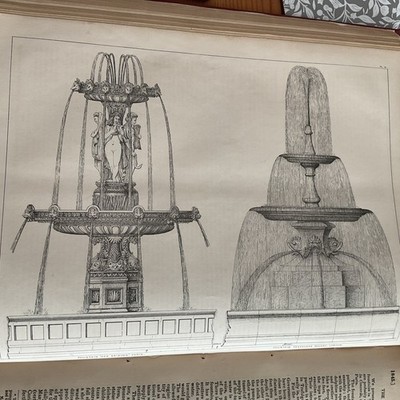 1845 Druck FOUNTAINS OF LONDON & PARIS x 2 - TRAFALGAR, DES SAISONS, CONCORDE