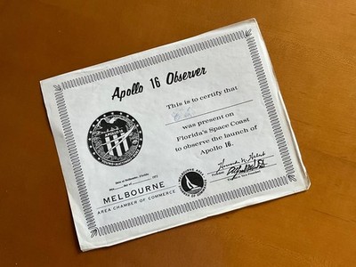 Apollo 16 Observer Launch Certificate