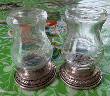 Antique Sterling Silver Etched Glass Quaker Hurricane Salt & Pepper Shakers 703