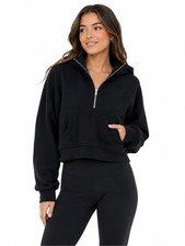 Black Cropped Half Zip Hoodie Sweatshirt Oversized Pocket Pullover Size M