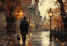 RAINY MAN DOG VICTORIAN STREET ART PRINT, Gothic City Decor Painting Poster E418