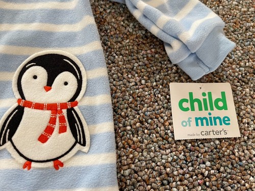 NWT Carter's Boys Blue Striped Penguin Fleece Sleeper 6-9M - 第 3/4 張圖片