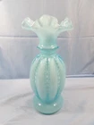 Fenton Blue Overlay Glass Beaded Melon Tall Vase 8 1/4" Tall