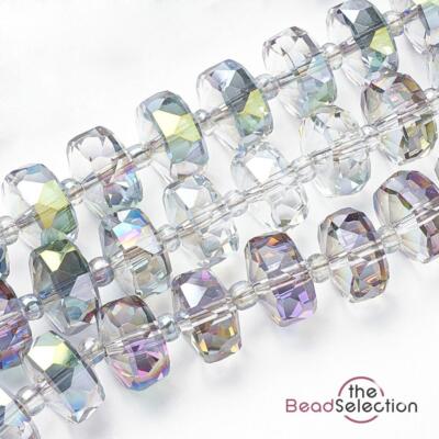 20 FACETTIERTE GLAS RONDELLE PERLEN 8mm x 5mm AB REGENBOGEN TROPFEN ANHÄNGER GLS147