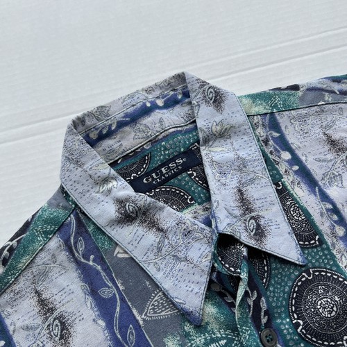 Vintage Guess Shirt Mens Large Green Blue Print Paisley Rayon Camp Short Sleeve - Picture 6 of 19