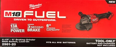 Milwaukee 2981-20 M18 Fuel 4 1/2- 6'' Braking Grinder w Slide Switch NEW in Box