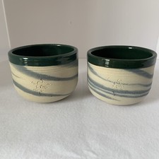 Vintage Studio Art Blue Swirl/Green Rimmed Pottery Bowls Handmade 3.5”h x 4.5”w