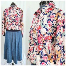 Vintage Jeri Marque Floral on Navy Blouse w Knit Cuffs Waistband Sz M/L