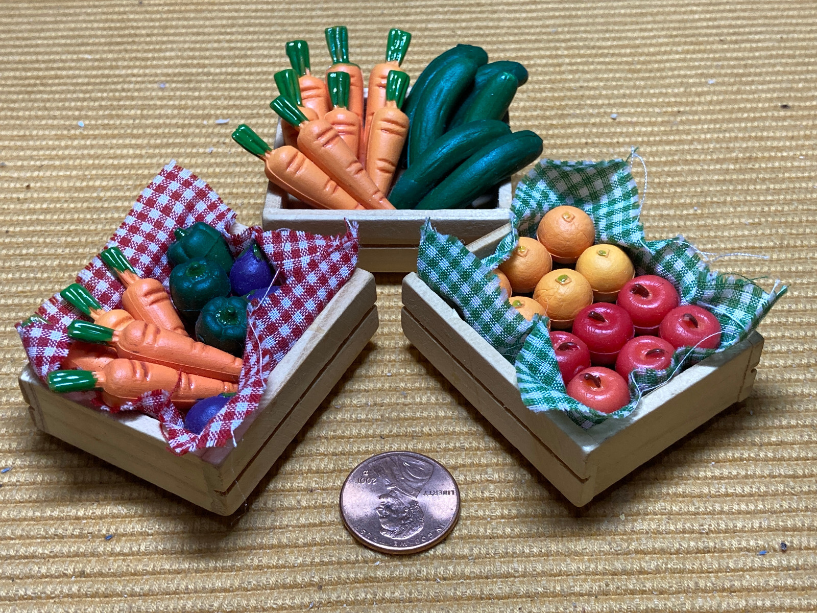 Super Cute Set of 3 Vintage Fruits & Veggies in Wood Crates Refrigerator Magnets