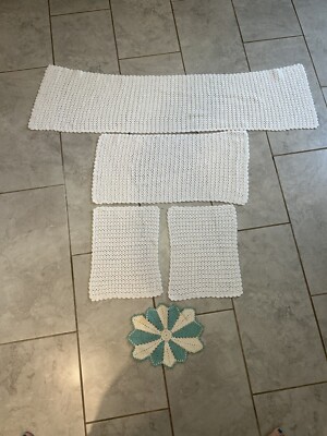 5 Hand Crocheted Table Doilies, White Cotton rectangle Circle Green
