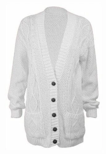 Womens 5 Button Grandad Cardigan Ladies Chunky Cable Knit Long Sleeves UK 8-22 - Image 3 of 4