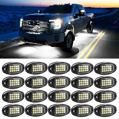 20 Pods Pure White LED Rock Lights Car Offroad Underbody Glow Lights Waterproof