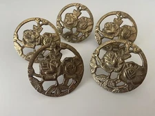 5 Shabby Brass Gold Metal Rose Floral Napkin Ring Holders Vintage MCM READ