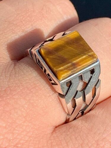 Men Real Solid 925 Sterling Silver Tiger's Eye Ring Size 7-13 Pinky Oxidized - Picture 1 of 10