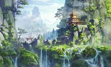 Landscape drawing fantasy art asia temple nature Custom Gaming Mat Desk