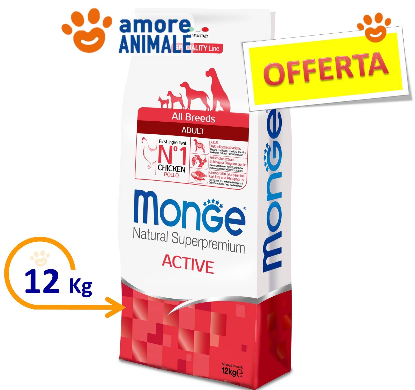 Monge Superpremium All Breeds Adult Active con Pollo 12 kg Per cani molto attivi