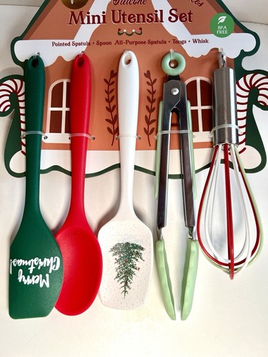 5 MERRY CHRISTMAS TREE MINI UTENSILS SET SILICONE SPATULAS TONGS WHISK SPOON - Picture 7 of 8