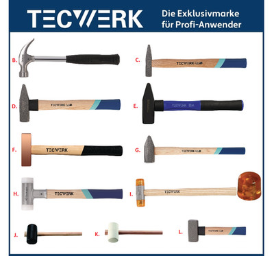 TECWERK Hammer Schlosserhammer Vorschlaghammer Kupferhammer Fäustel Gummihammer