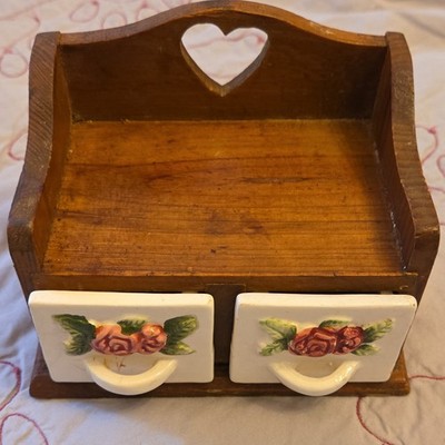 Small Wood & Ceramic Tabletop Organizer Box w/ 2 Floral Drawers, Heart Back