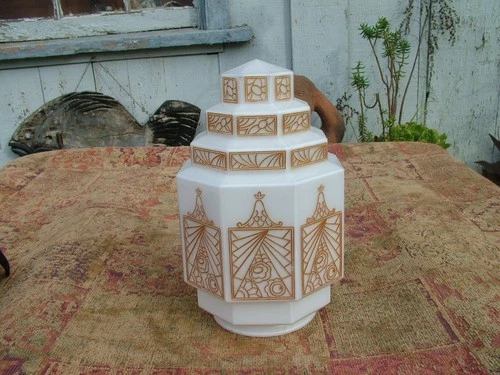 VINTAGE ART DECO SKYSCRAPER MILK GLASS PENDANT LAMP SHADE MINTY CONDITION