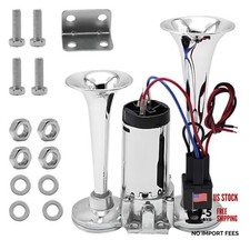 12V 130dB Dual Trumpet Air Horn Kit with Compressor - Loud Dual Electric Sliver