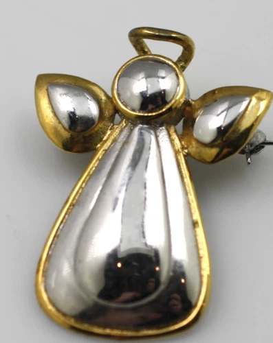 Vintage 925 Sterling Silver two tone Angel with halo wings pin brooch pendant
