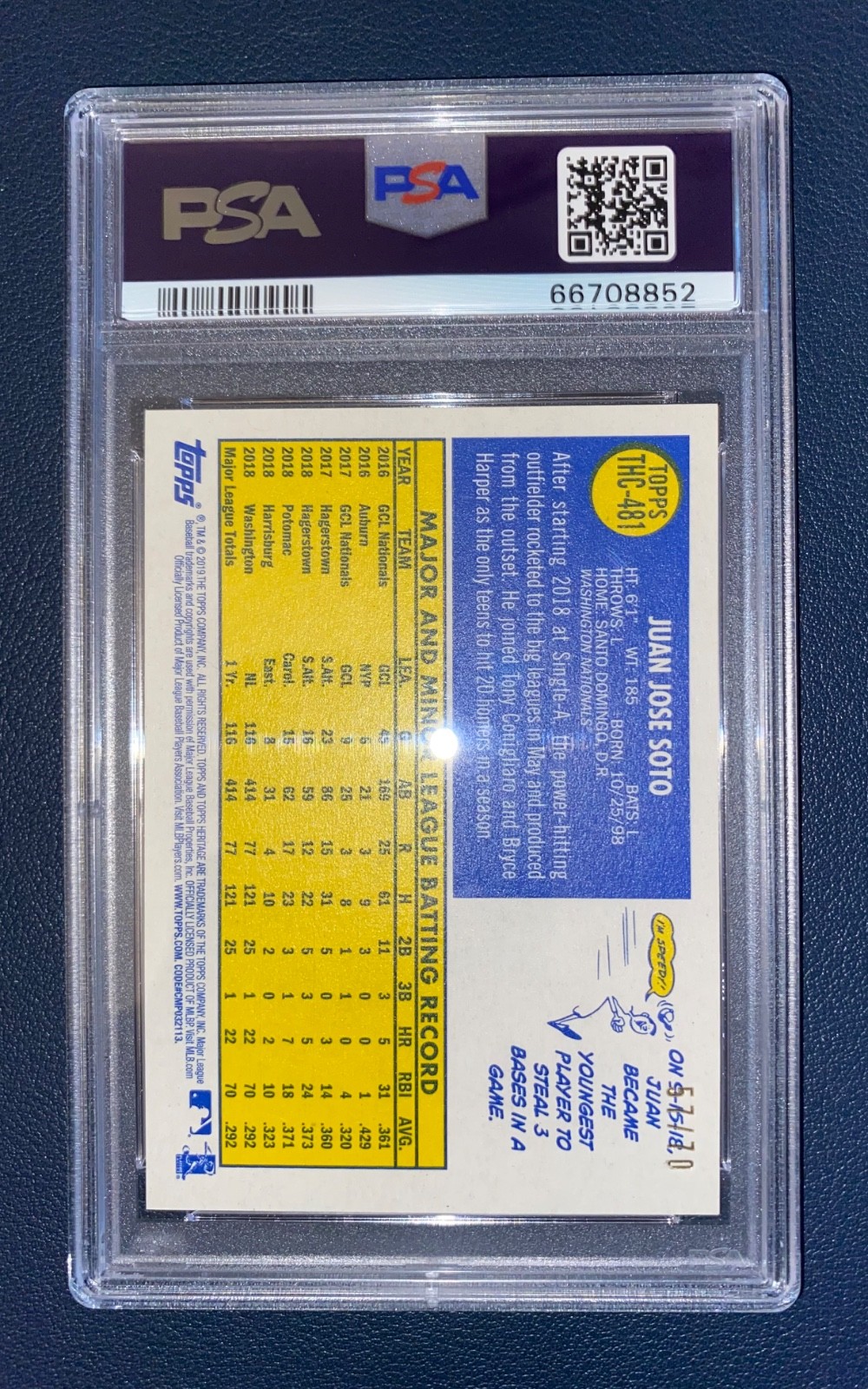 2019 Topps Heritage Chrome PSA 9 Mint BLACK REFRACTOR 481 Juan Soto /70 view 2