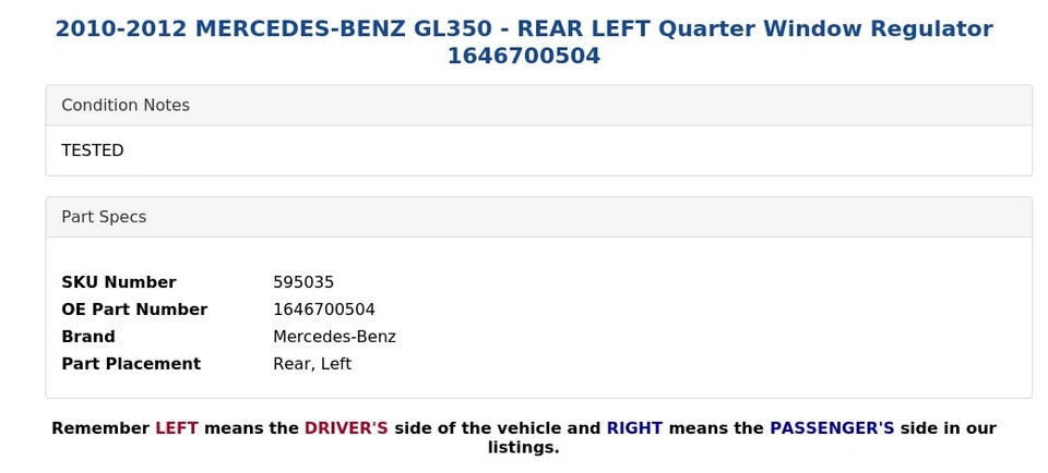 MERCEDES-BENZ GL350 2010-2012 - Cuarto regulador ventana trasero izquierdo 1646700504 Foto 3 de 4