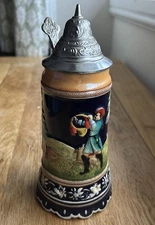 Vintage German Beer Stein Musical Thorens pewter Lid Hand Painted hunting scene 