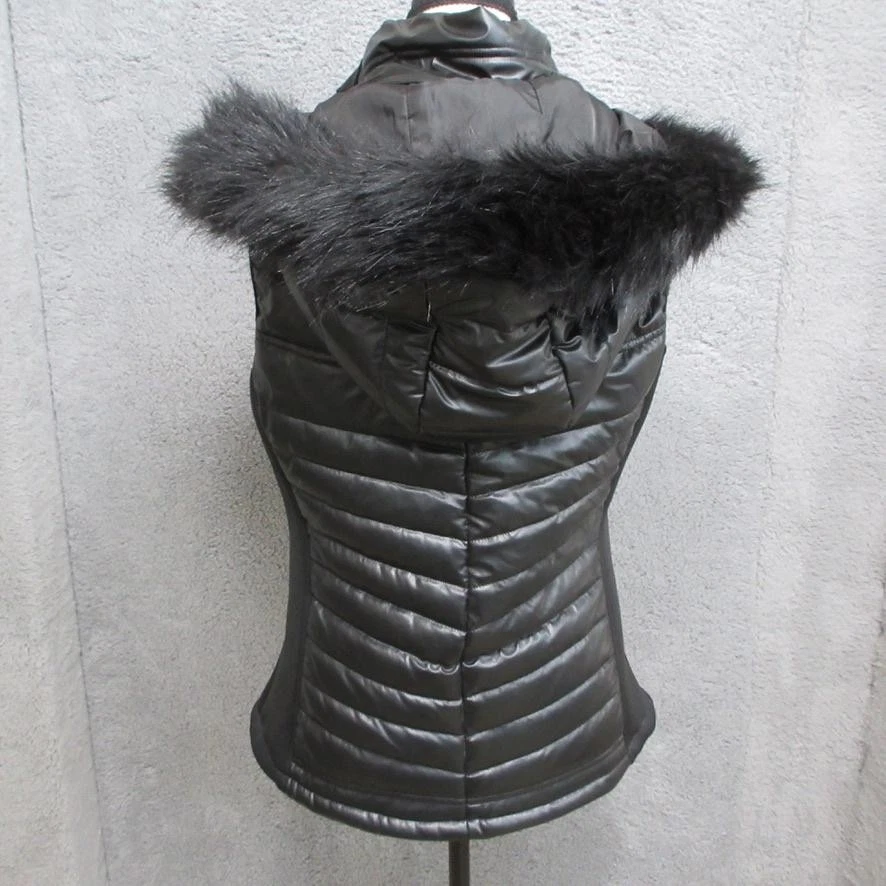 Nanette Lepore Vest Womens Small Faux Leather Hooded Puffer Jacket Zip Pockets - Image 2 of 4