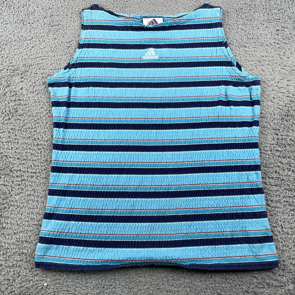 VINTAGE Adidas Shirt Girls XL Blue Striped Sleeveless Tank Top Cotton Y2K 2000s - Image 2 of 4
