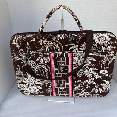 Vera Bradley Java Blue Quilted Laptop Messenger Bag Brown Floral Pagoda Case - Image 1 of 4