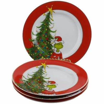 ZRIKE Dr Seuss Grinch Salad Plates Set of 4 Christmas Holiday Red Gold Rim