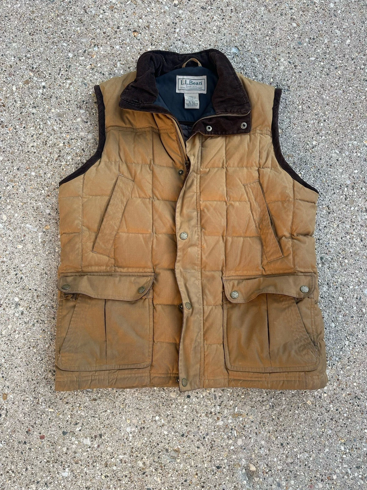 L.L. Bean Upcountry Waxed Down Quilted Puffer Vest Tan Brown Corduroy Trim Sz M