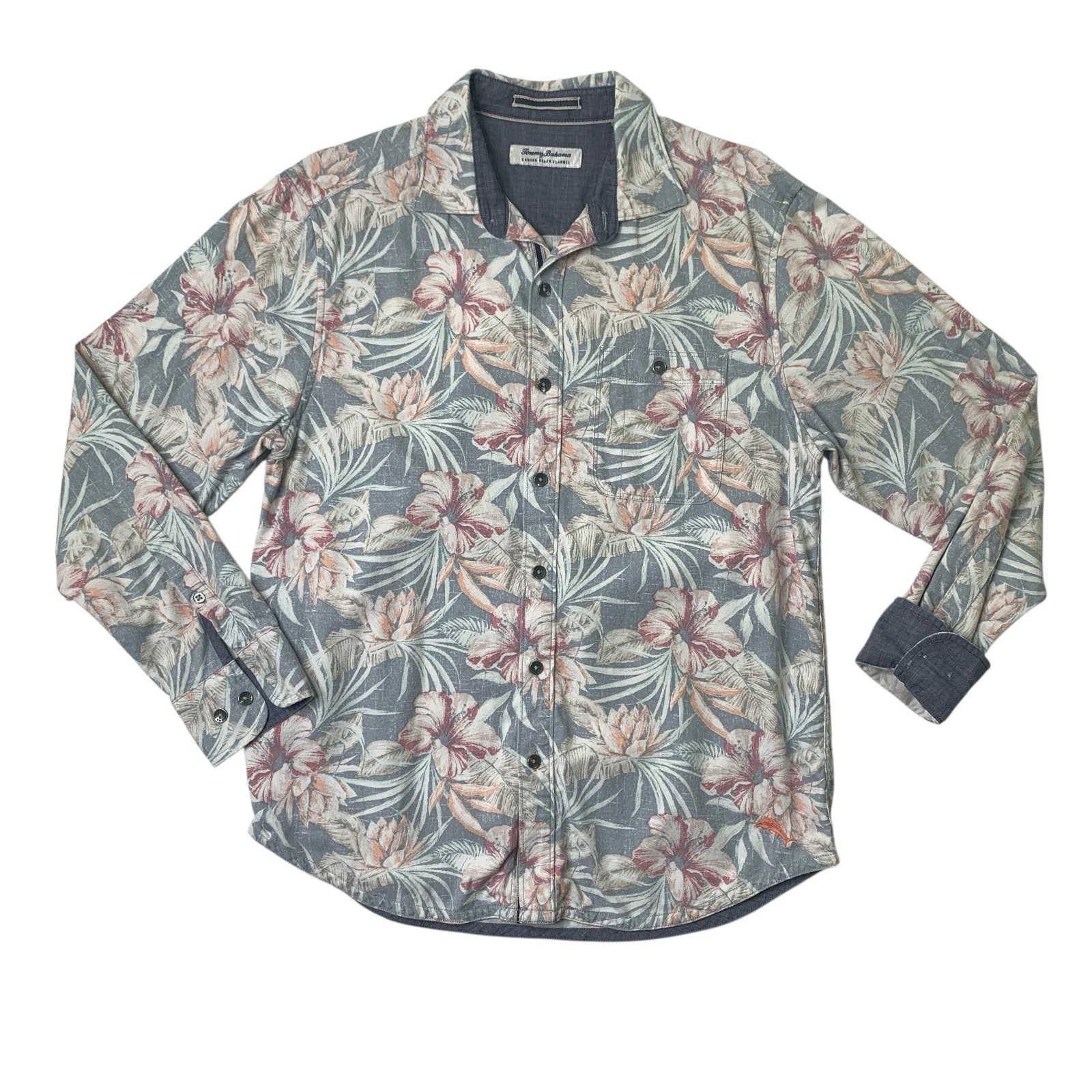 Tommy Bahama Shirt Mens M Medium Canyon Beach Flannel Tab Sleeve Floral Hawaiian