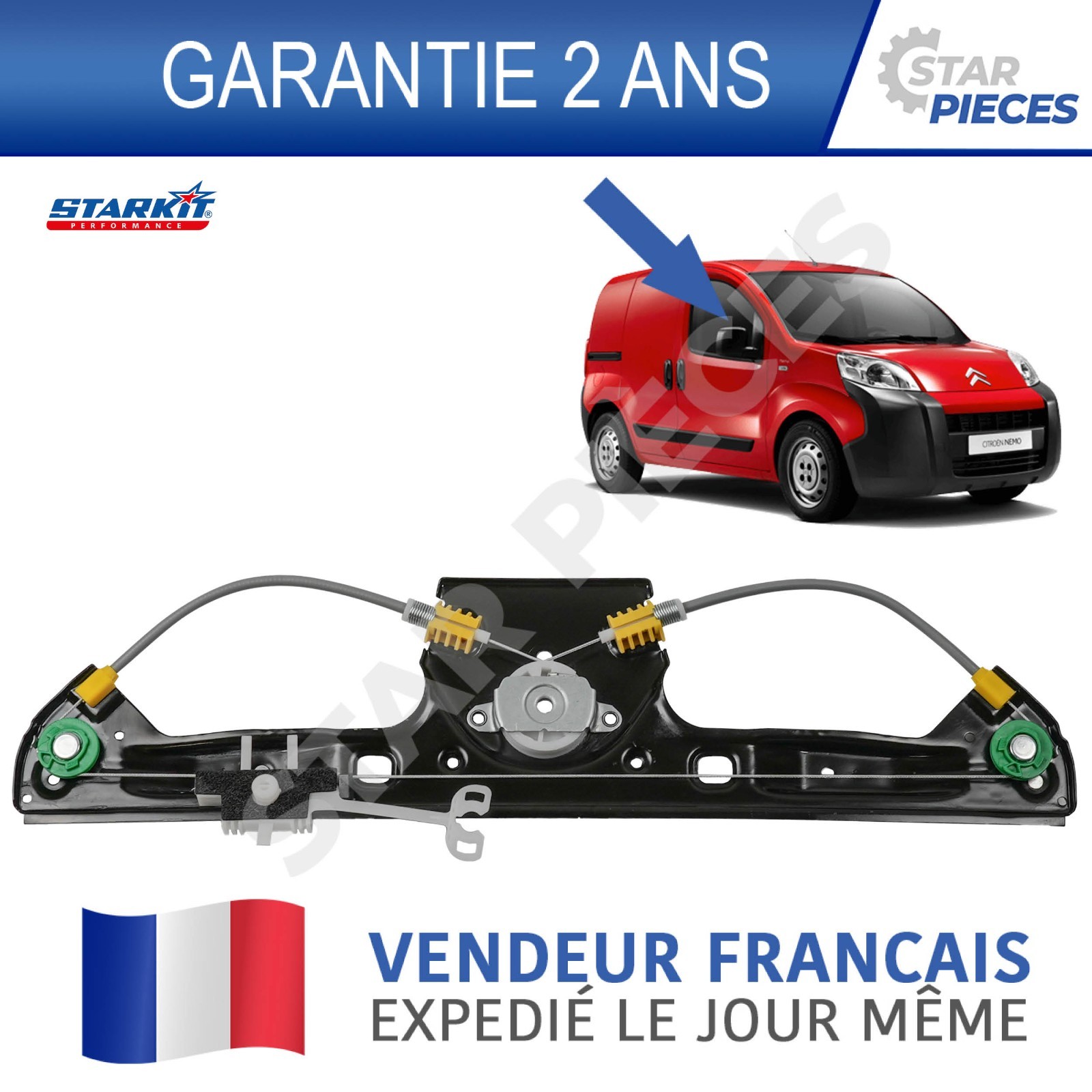 Lève-vitre électrique avant droit Nemo Bipper Fiorino Qubo depuis 2008