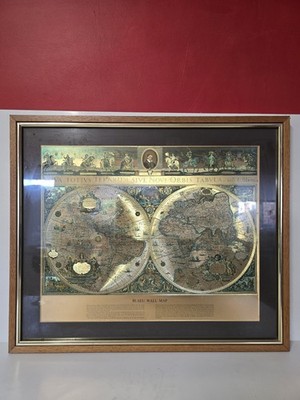 Vintage Blaeu Wandkarte der Welt gerahmt Goldfolie Deko
