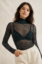 Anthropologie Sheer Mesh Long Sleeve Turtleneck Top Teal Black Floral Medium