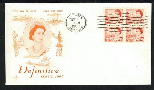 Canada #459, 1968 6¢ orange QE II block of 4, Rosecraft cachet FDC, VF