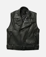 Men's Black Real Cowhide Leather Vest Handmade Motorcycle Biker Rider Waistcoat