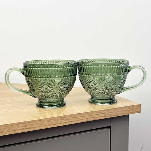 Glass Mug Set of 2 GREEN Tea Coffee Hot Chocolate Cups Vintage Floral Large - Picture 2 of 7