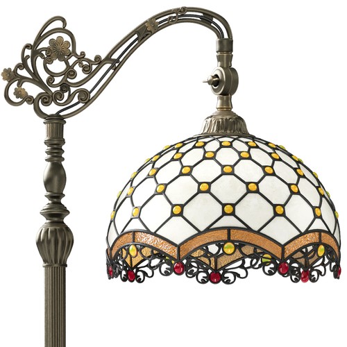 Vintage Tiffany Floor Lamp w/ Adjustable Gooseneck Yellow Geometric Glass Shade - Picture 3 of 11