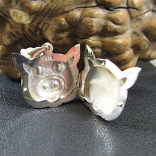 Vintage Solid 925 Sterling Silver Puffed Pig Face Cute Animal Locket Pendant