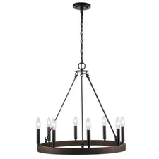 Hampton Bay Wynnewood 8-Light Black & Faux Wood Wagon Wheel Chandelier Fixture