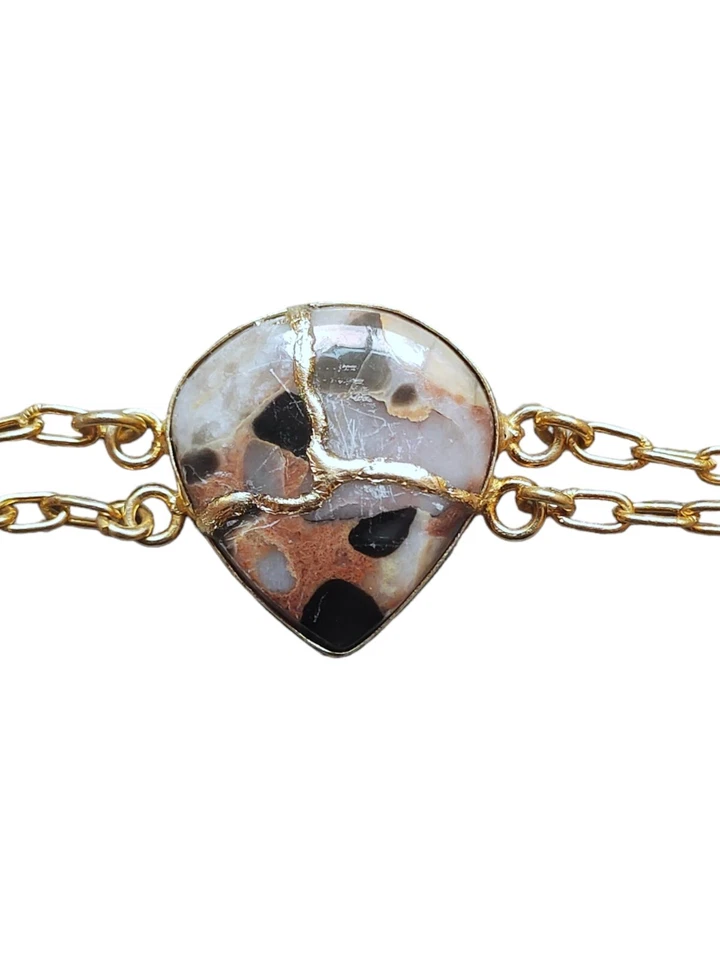 手链 宝石 珠宝 布丁 碧玉 Kintsugi 修复 带镀金链 — 第 2/4 张图片