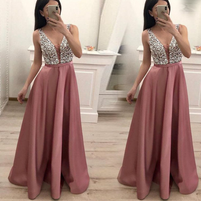 Womens Sequins V-Neck Party Evening Dress Long Mermaid Formal Prom Ball Gown NEW