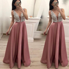 Womens Sequins V-Neck Party Evening Dress Long Mermaid Formal Prom Ball Gown NEW