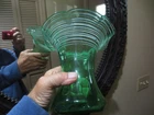 STEUBEN ART GLASS DIAMOND OPTIC GREEN VASE WITH WHITE THREADING MARKED STEUBEN